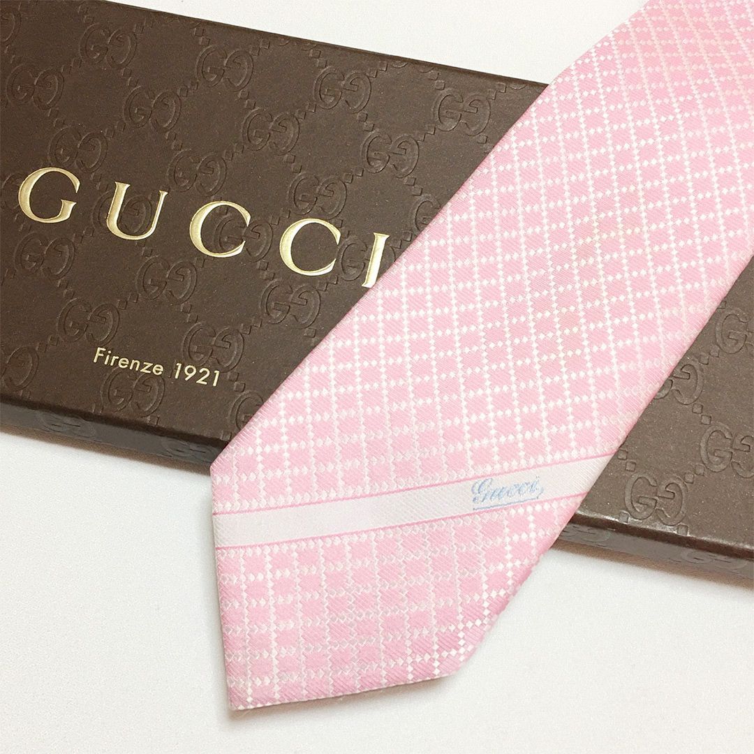 未使用級 グッチ GUCCI ネクタイ シルク100% ピンク / ホワイト