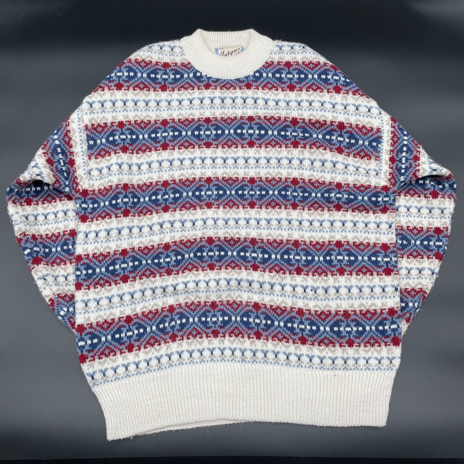 T-1】古着 総柄ニット マルチカラー アクリル Mサイズ ホワイト