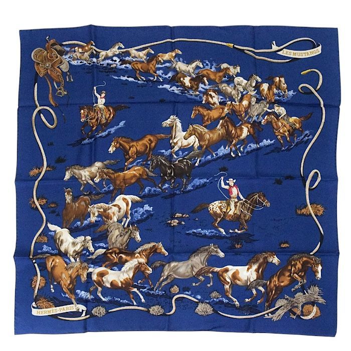 エルメス HERMES スカーフ カレ 90 シルク 100% Les Mustangs / 野生馬