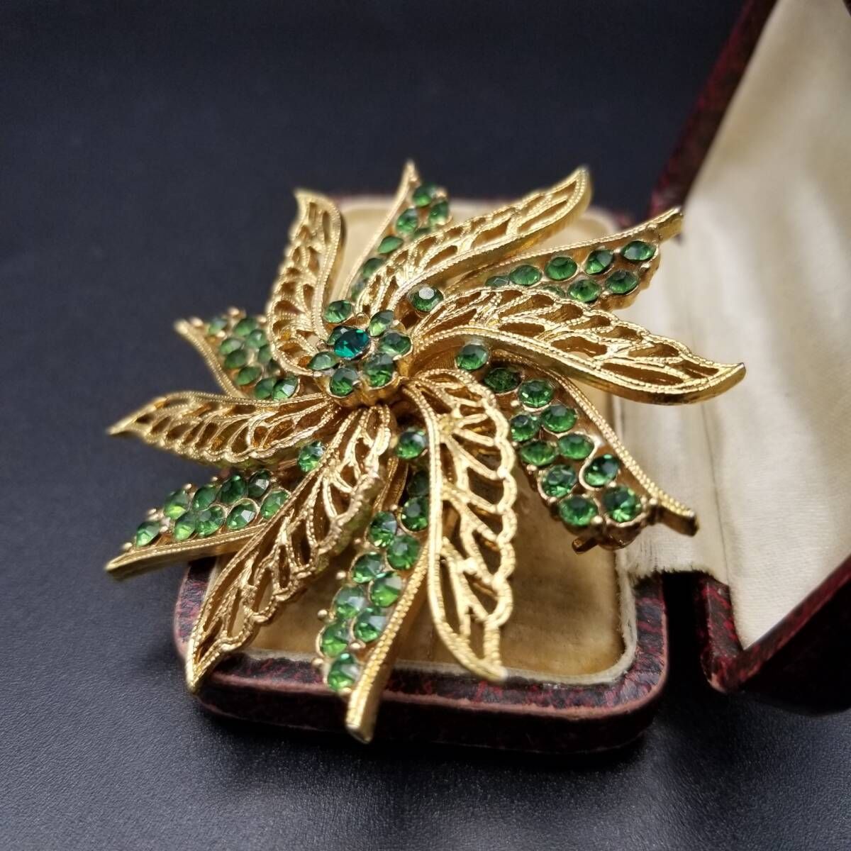 50'60's Pim グリーンラインストーン 煌めき 植物 ヴィンテージ