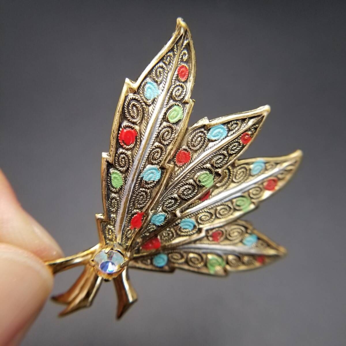 西ドイツ ヴィンテージ 鮮やかな葉 細かな装飾 リーフ ブローチ レトロ