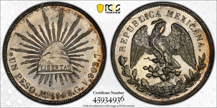 1908年 Mo GV PCGS MS62 | メキシコ - 銀貨1ペソ - メルカリ