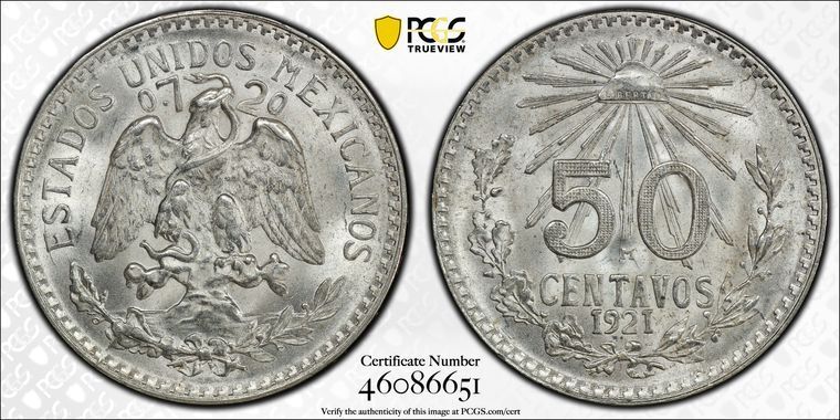 1921年 M PCGS MS66 | メキシコ - 50センタボ 50セント硬貨 - メルカリ