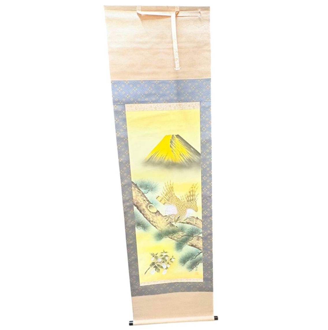縁起物 松原湖舟 風水黄金三福図 掛け軸 共 き 金富士 鷹 瓢箪 開運 日本画