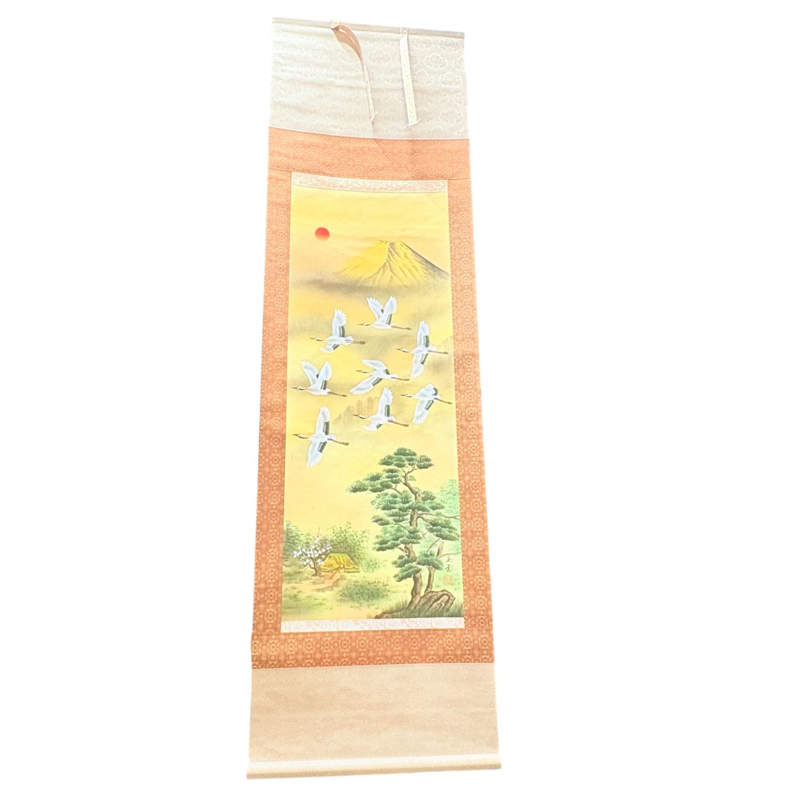 安在玉雲 縁起物 風水黄金富翔図 掛け軸 共箱 石付き 金富士 鶴 開運 日本画