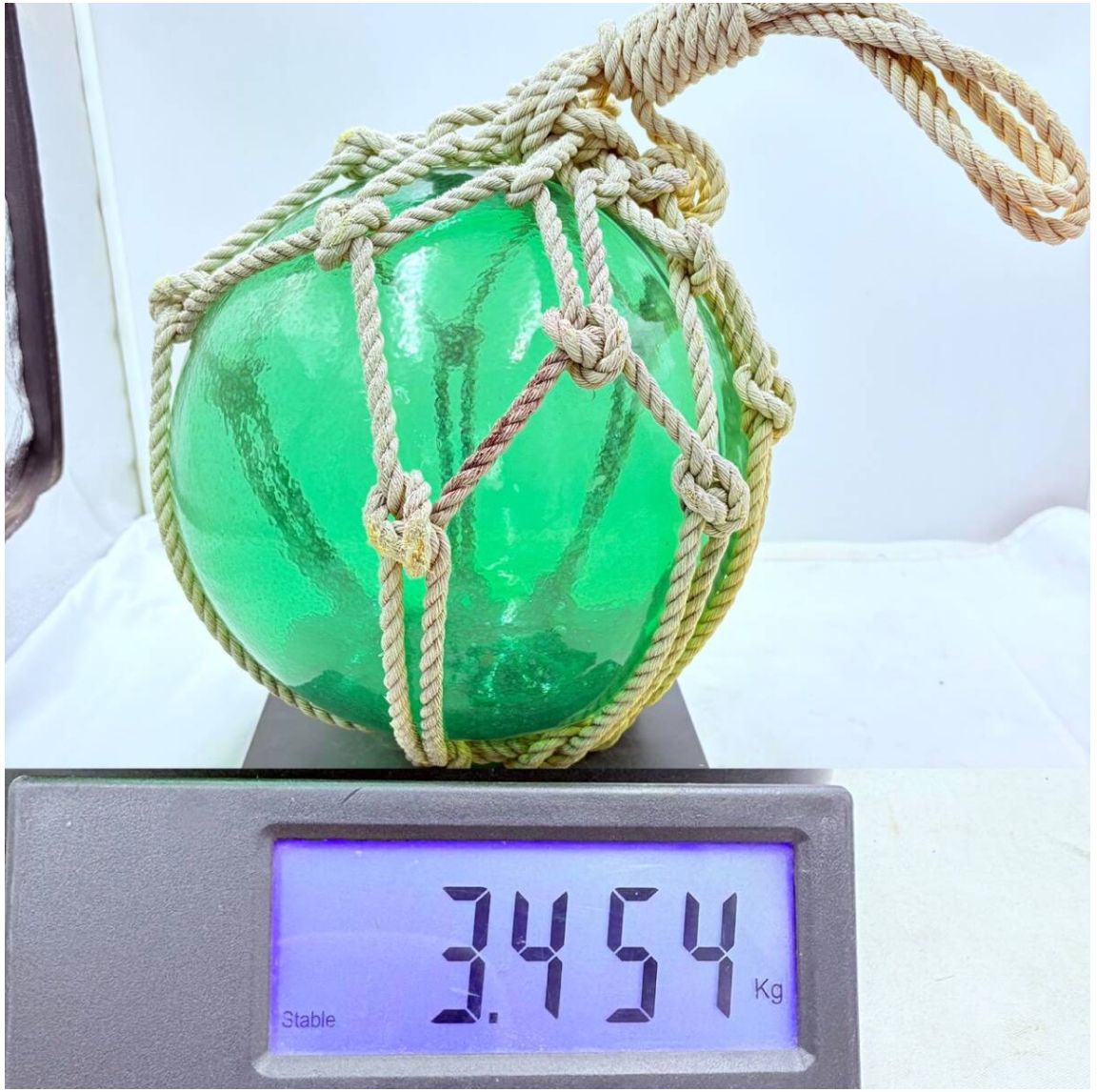  ヴィンテージ雑貨 大型30cm ガラス浮き玉 グリーン 漁業用ブイ 約3 45kg ロープ付き インテリア 現状品 木製置物 置物 インテリア小物