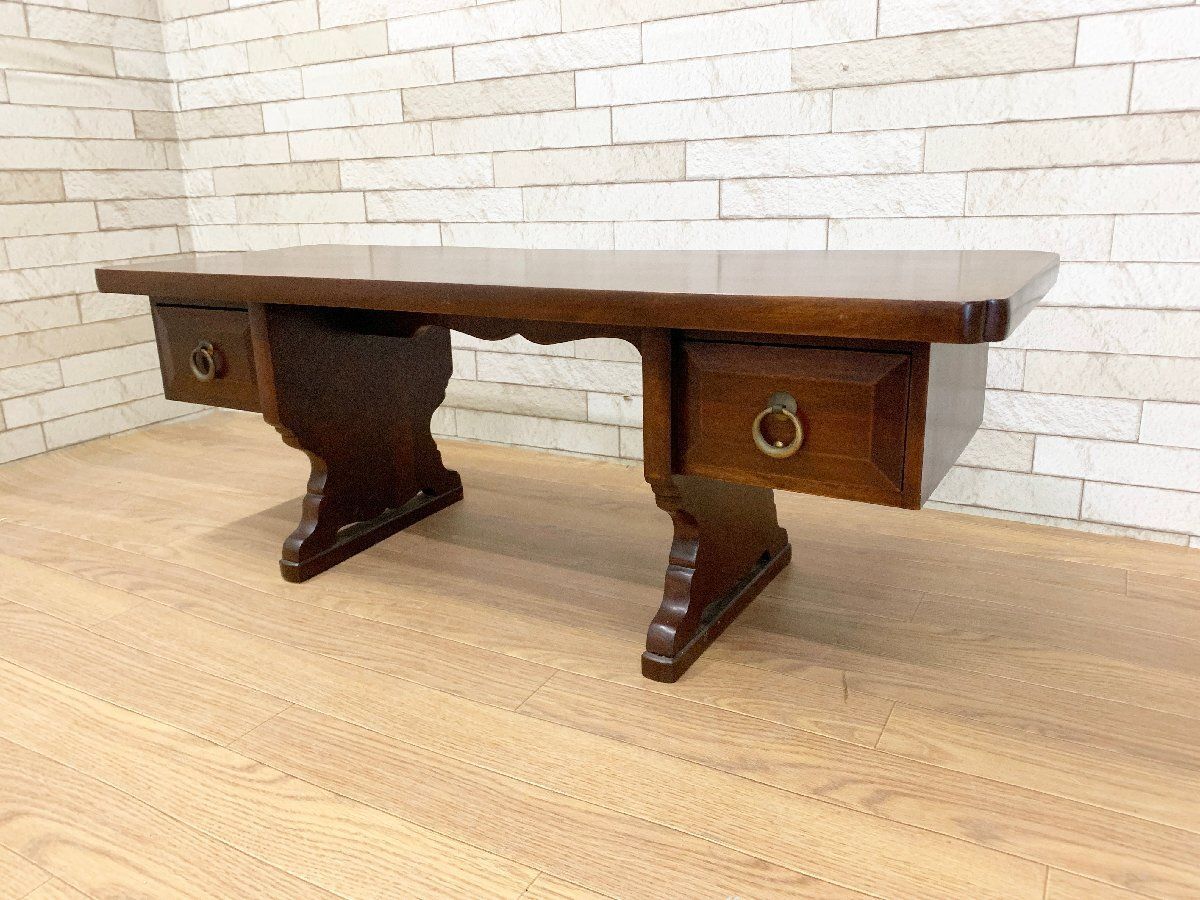 ◇辰巳木工 吉田璋也デザイン 鳥取民芸 両袖 文机 木製 引き出し付き