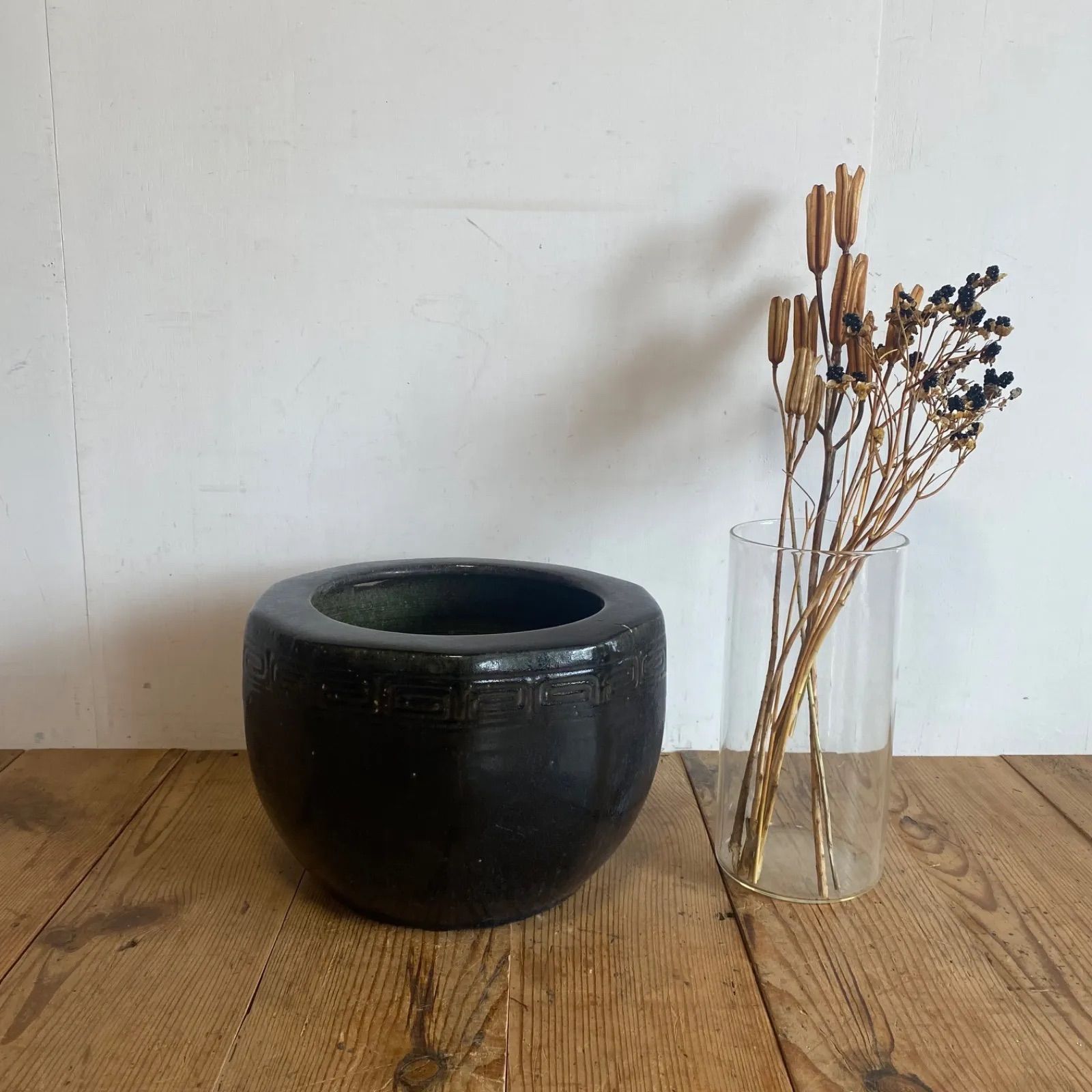 アンティーク 陶器製 備前焼 青海鼠釉 八角形 大型 火鉢 手あぶり 水鉢