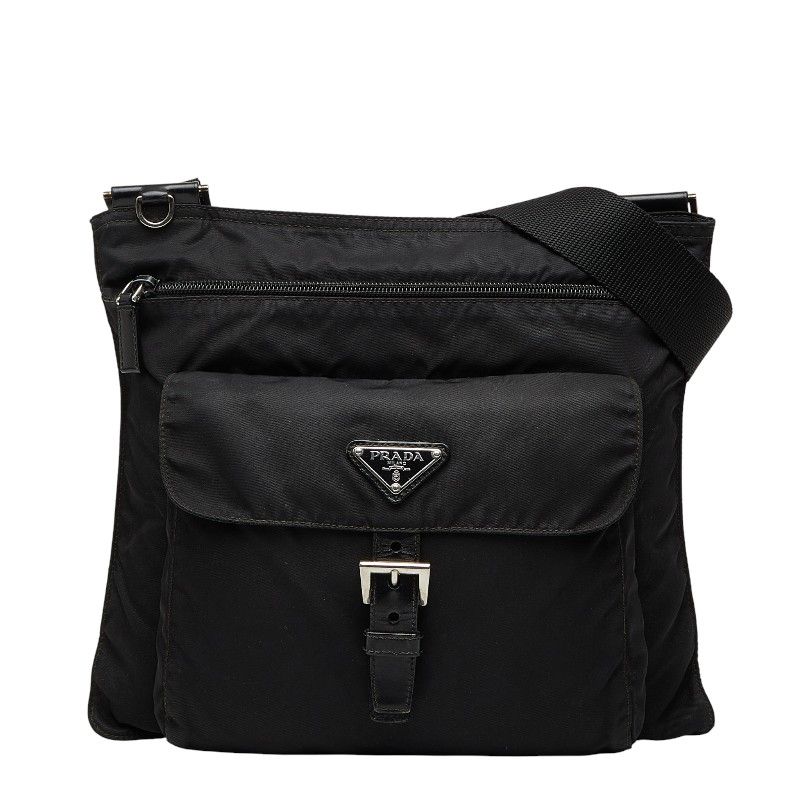 プラダ 三角ロゴプレート ブラック ナイロン レザー レディース PRADA