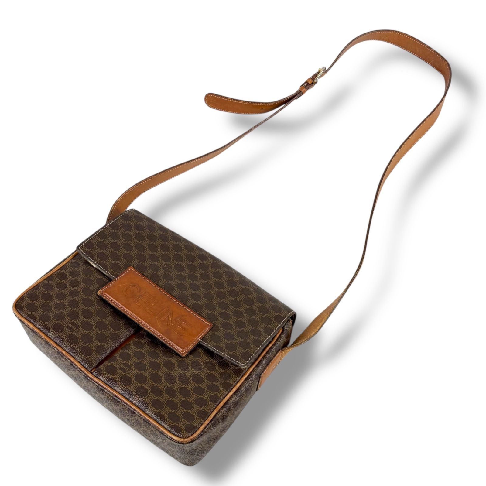 セリーヌ CELINE Wポケット ショルダーバッグ マカダム柄 ブラウン PVC