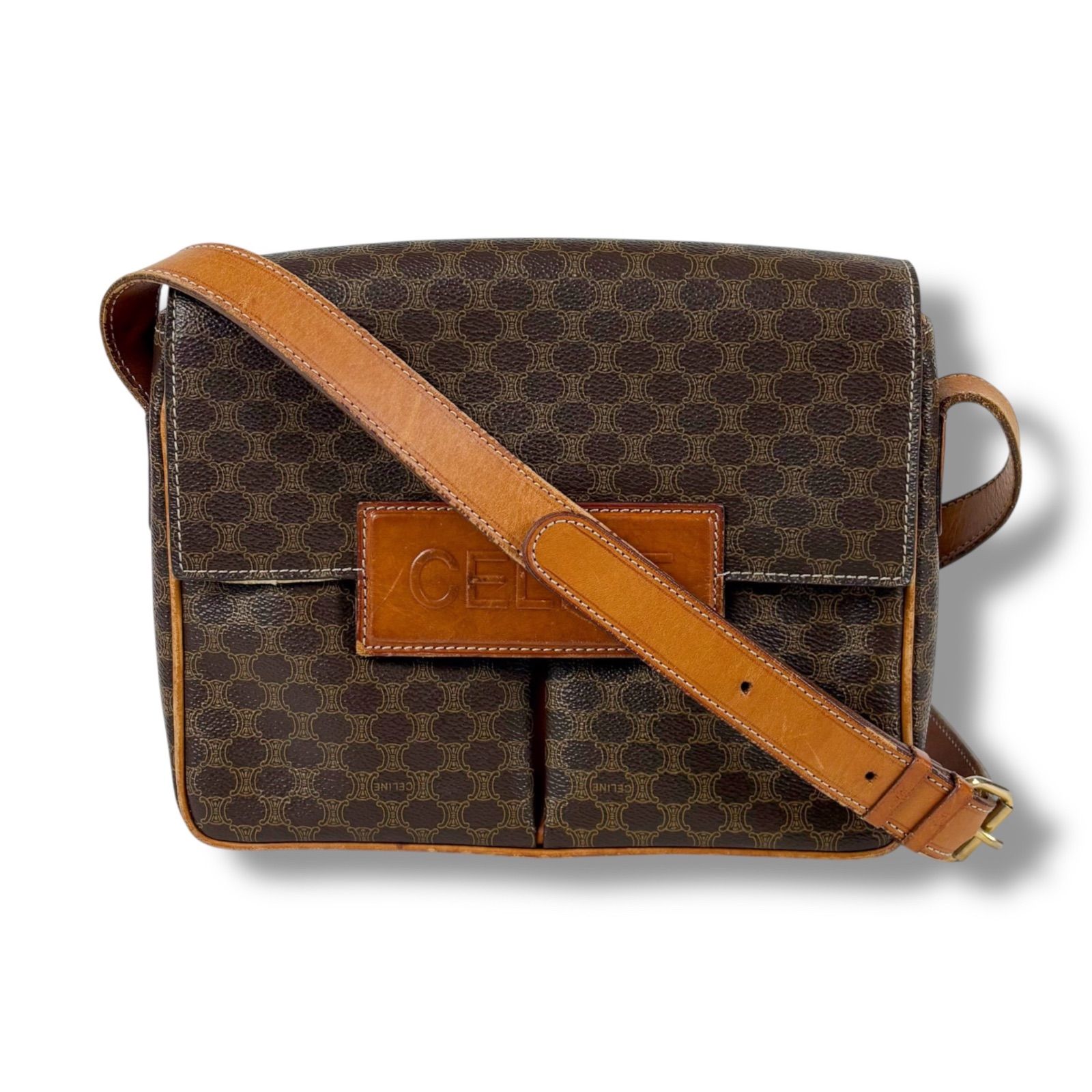 セリーヌ CELINE Wポケット ショルダーバッグ マカダム柄 ブラウン PVC