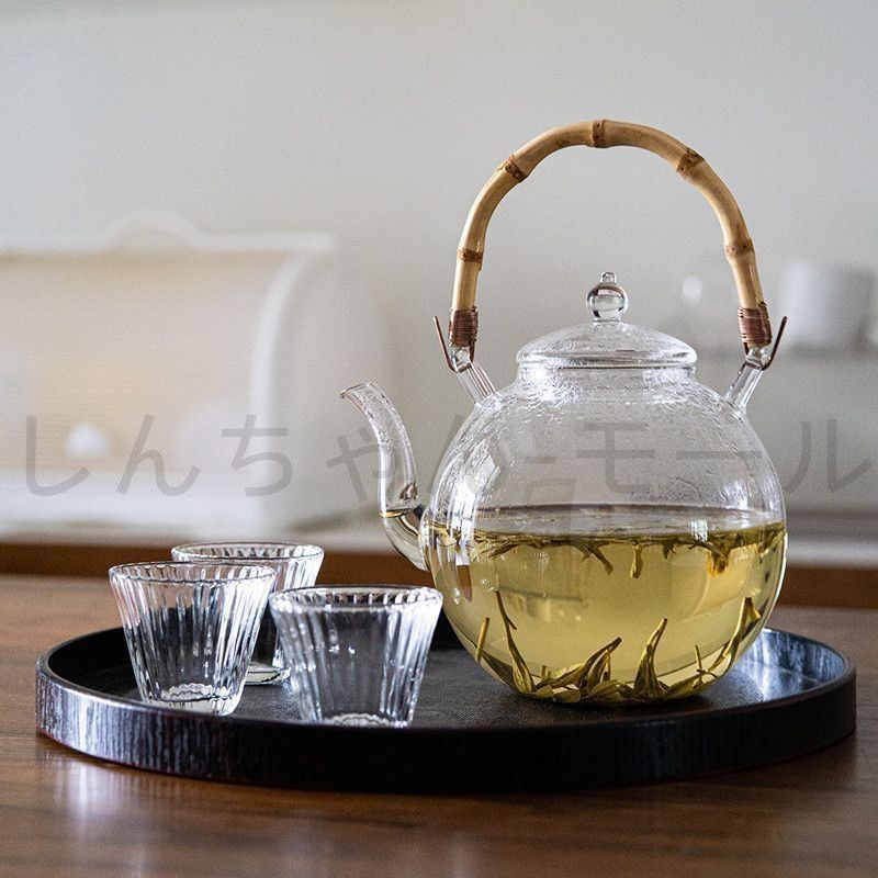ガラスケトル 900ml 耐熱 ガラス ティーポット 竹の持ち手 まんまる
