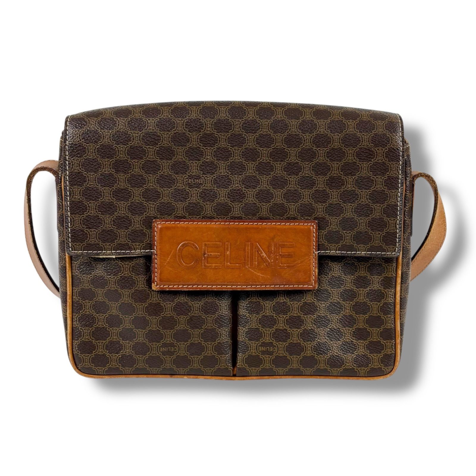 セリーヌ CELINE Wポケット ショルダーバッグ マカダム柄 ブラウン PVC