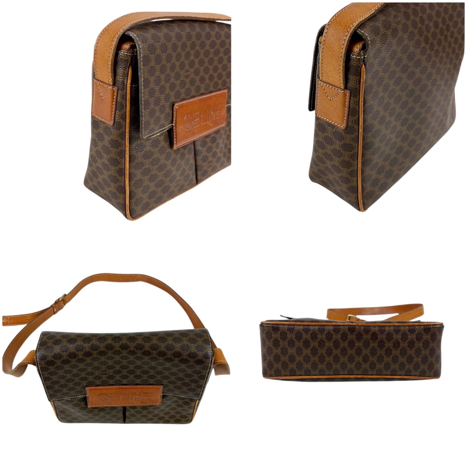 セリーヌ CELINE Wポケット ショルダーバッグ マカダム柄 ブラウン PVC