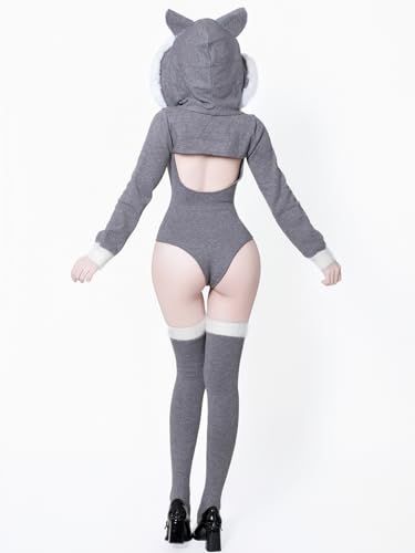 SENMHS ふわもこ オオカミ コスプレ レディース 可愛い 狼耳 フード付き ニット パーカー 白ファー ジッパー 連体スーツ ソックス付き セクシー ルームウェア もこもこ コスチューム 撮影会 部屋着 cosplay 70 e 8 aa 04