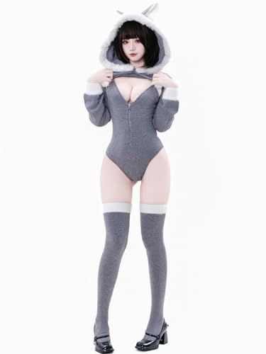 SENMHS ふわもこ オオカミ コスプレ レディース 可愛い 狼耳 フード付き ニット パーカー 白ファー ジッパー 連体スーツ ソックス付き セクシー ルームウェア もこもこ コスチューム 撮影会 部屋着 cosplay 70 e 8 aa 04