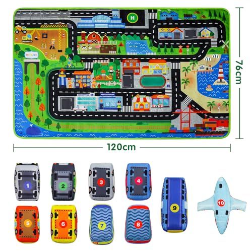 Dr.Rapeti 車おもちゃセット ミニ車セット 10台布車くるま 120*76 cm地図マット 笛内蔵 子供おもちゃ 柔らかい 洗濯 知育玩具 室内遊びpo 94061 b 9 d