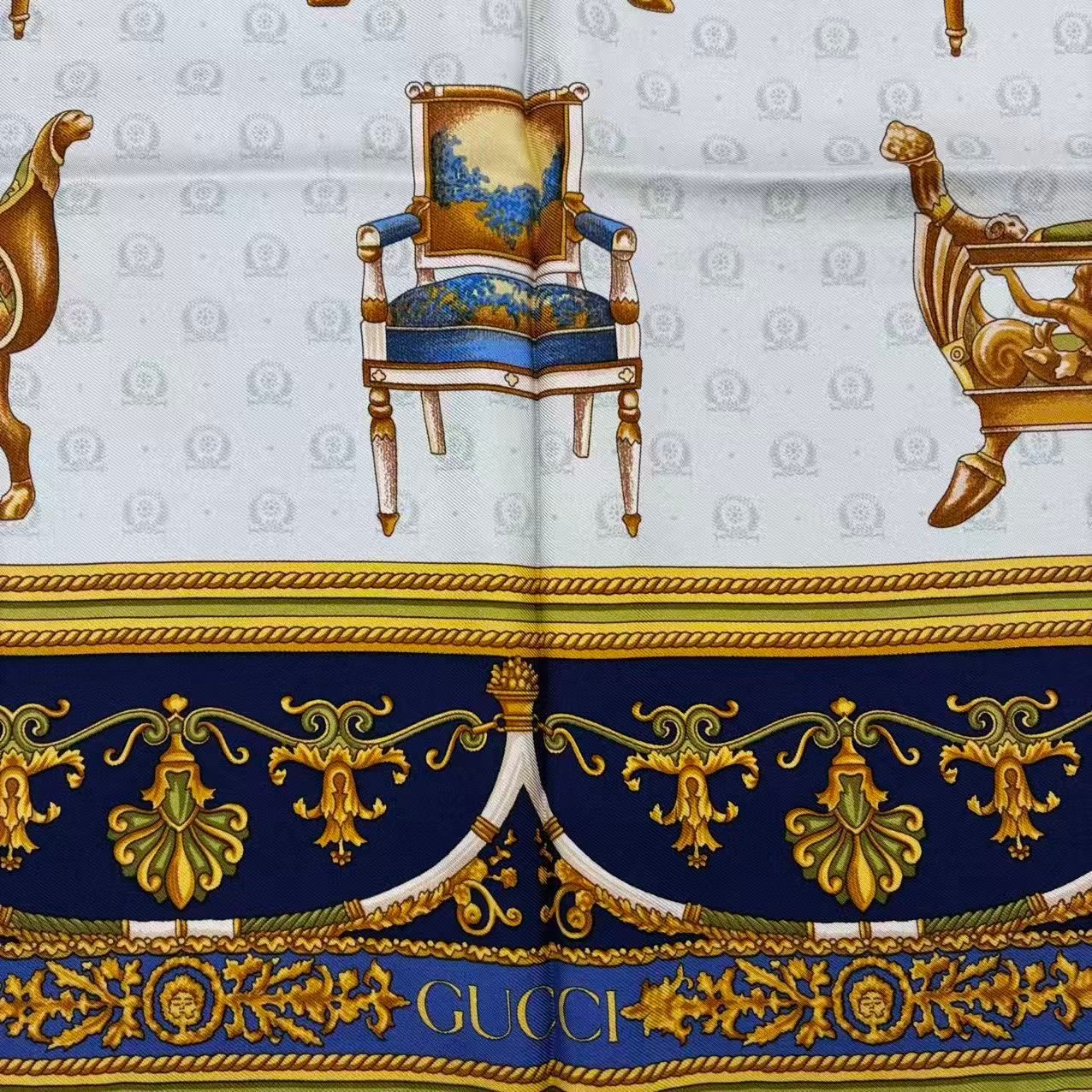 極美品 GUCCI グッチ チェア柄 大判 スカーフ シルク ゴールド - メルカリ