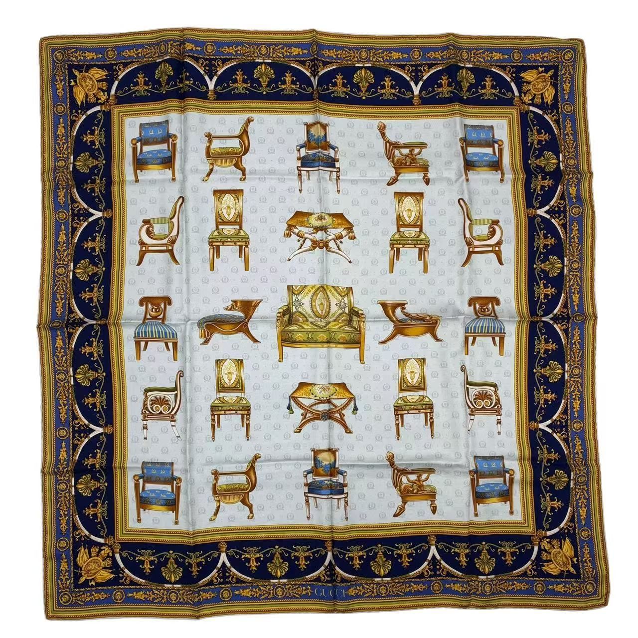 極美品 GUCCI グッチ チェア柄 大判 スカーフ シルク ゴールド - メルカリ