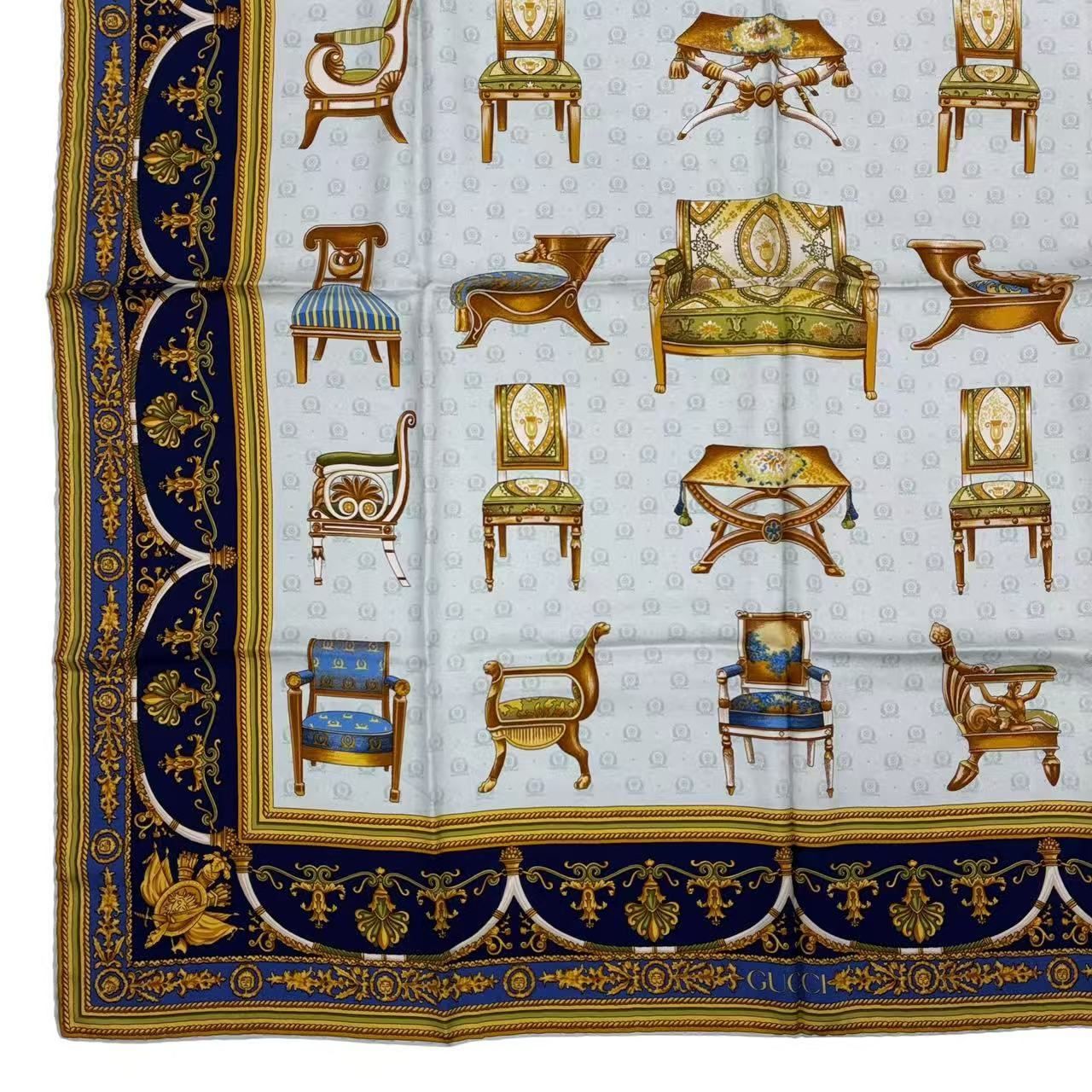 美品　GUCCI グッチ　大判シルクスカーフ　D503 極美品 GUCCI グッチ チェア柄 大判 スカーフ シルク ゴールド - メルカリ