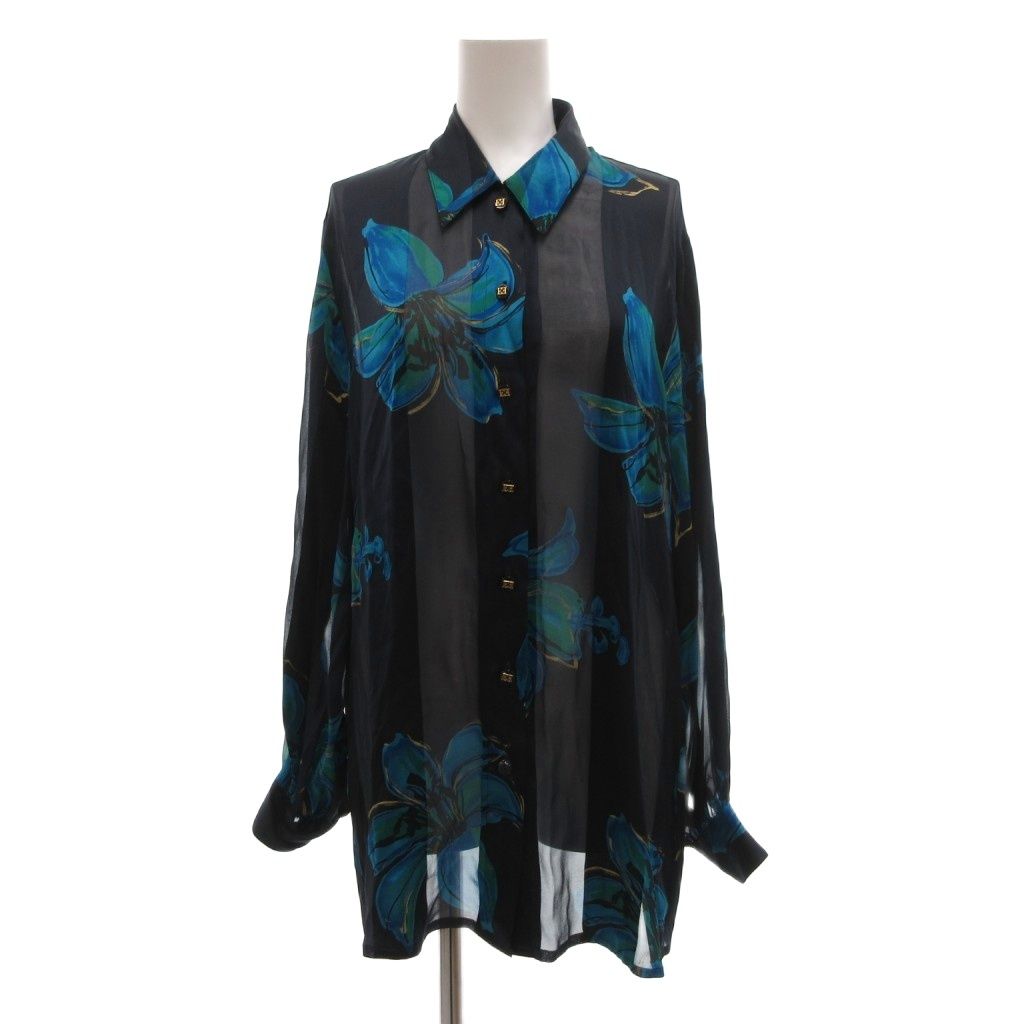 エスカーダ ESCADA シャツ 絹 シルク 長袖 ハイビスカス 花がら 34 黒