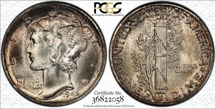 1945 D PCGS MS67+ FB フルバンド | シルバー マーキュリー ダイム