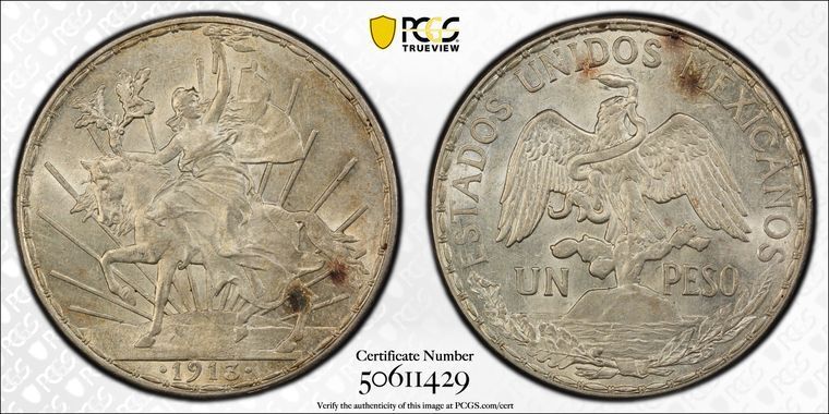 1913年 PCGS MS62 - メキシコ シルバー アン・ペソ クライインディペン