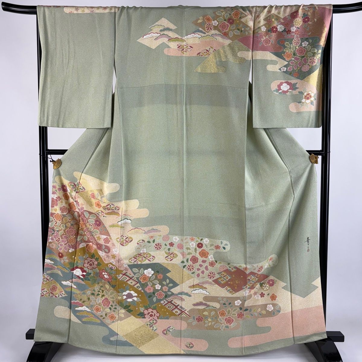 訪問着 身丈165cm 裄丈70cm L 袷 松井青々 落款 松 牡丹 金糸 金銀彩 