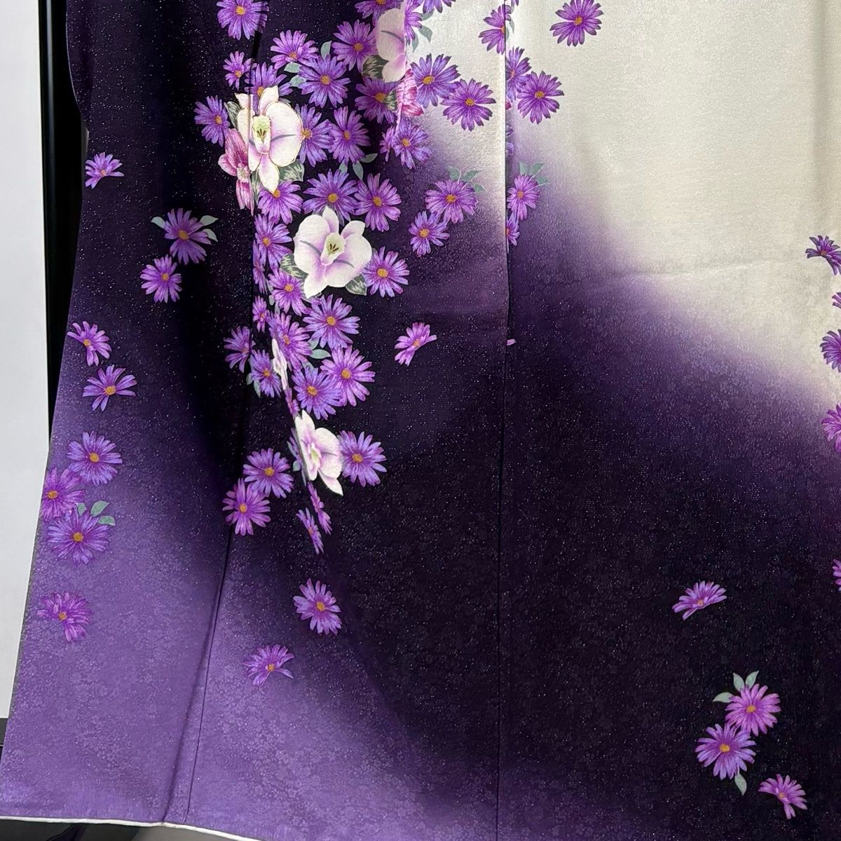 振袖 身丈165cm 裄丈72.5cm L 袷 蘭 草花 銀通し 金糸 濃紫 正絹 逸品