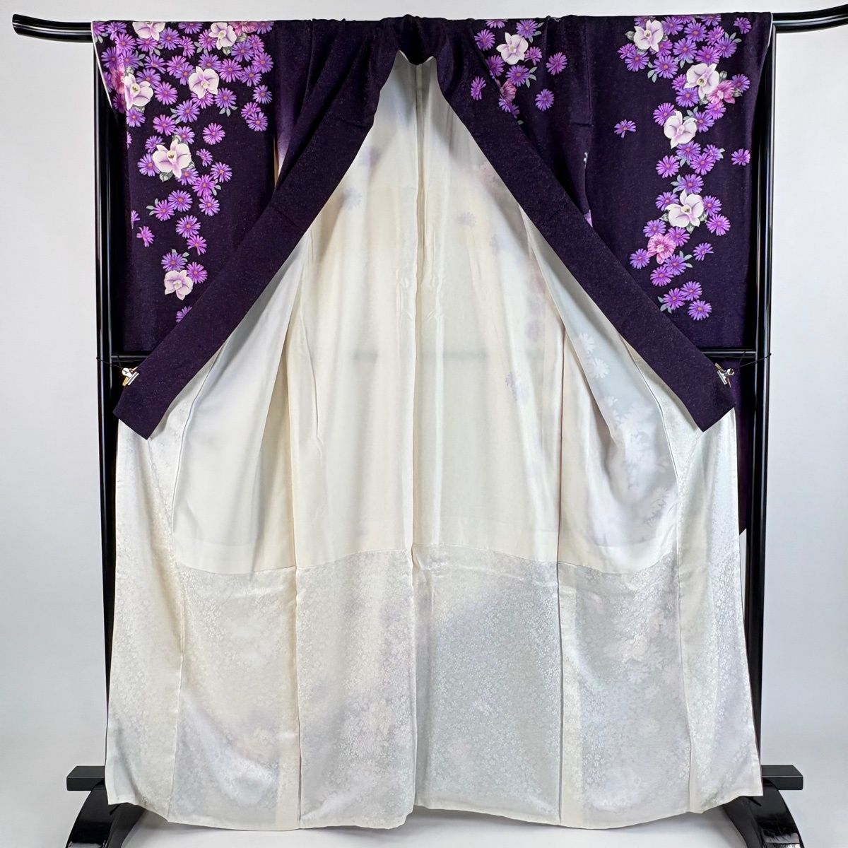 振袖 身丈165cm 裄丈72.5cm L 袷 蘭 草花 銀通し 金糸 濃紫 正絹 逸品