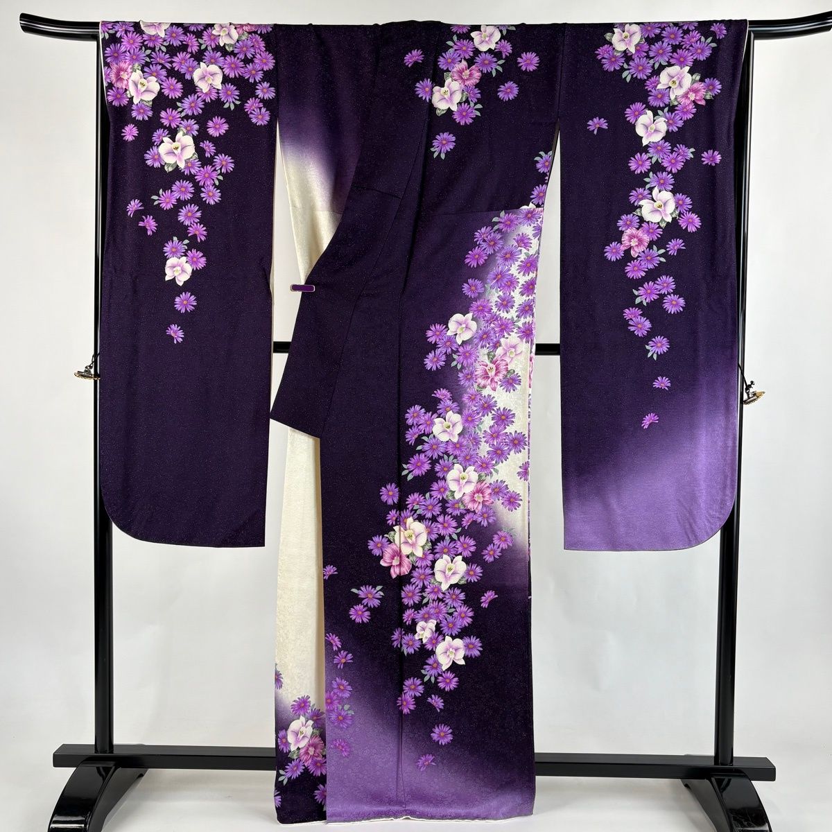 振袖 身丈165cm 裄丈72.5cm L 袷 蘭 草花 銀通し 金糸 濃紫 正絹 逸品