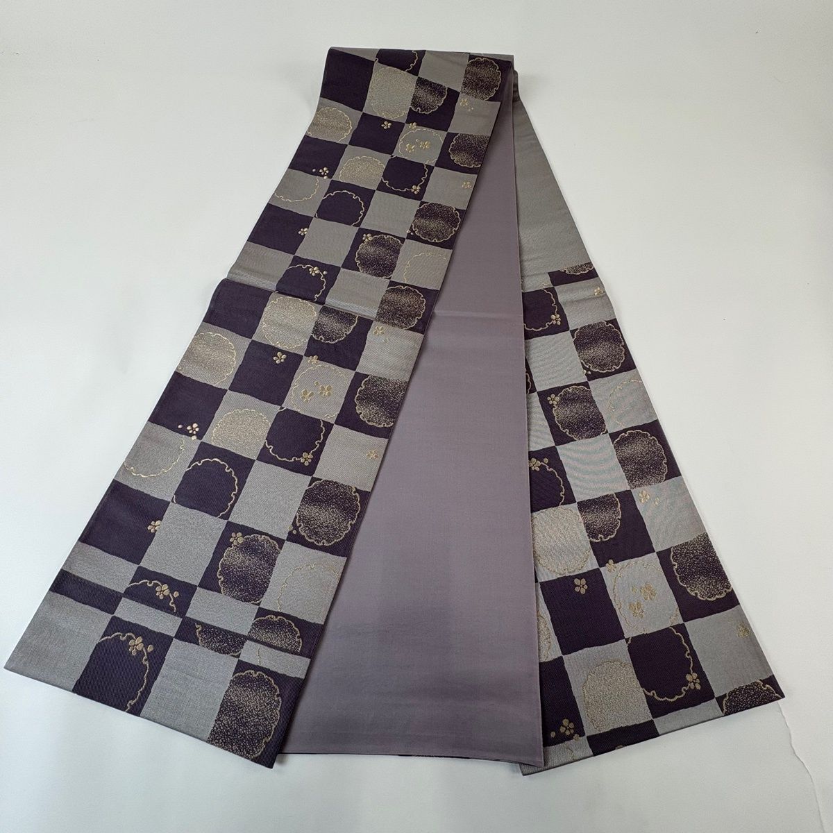 美品】 袋帯 秀品 市松 雪輪 金銀糸 灰紫 六通 正絹 【中古】 - メルカリ