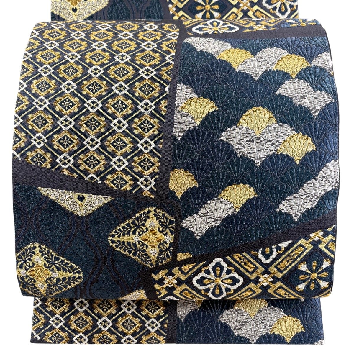 美品】 袋帯 秀品 花菱 菊青海波 金銀糸 箔 藍色 六通 正絹 【中古
