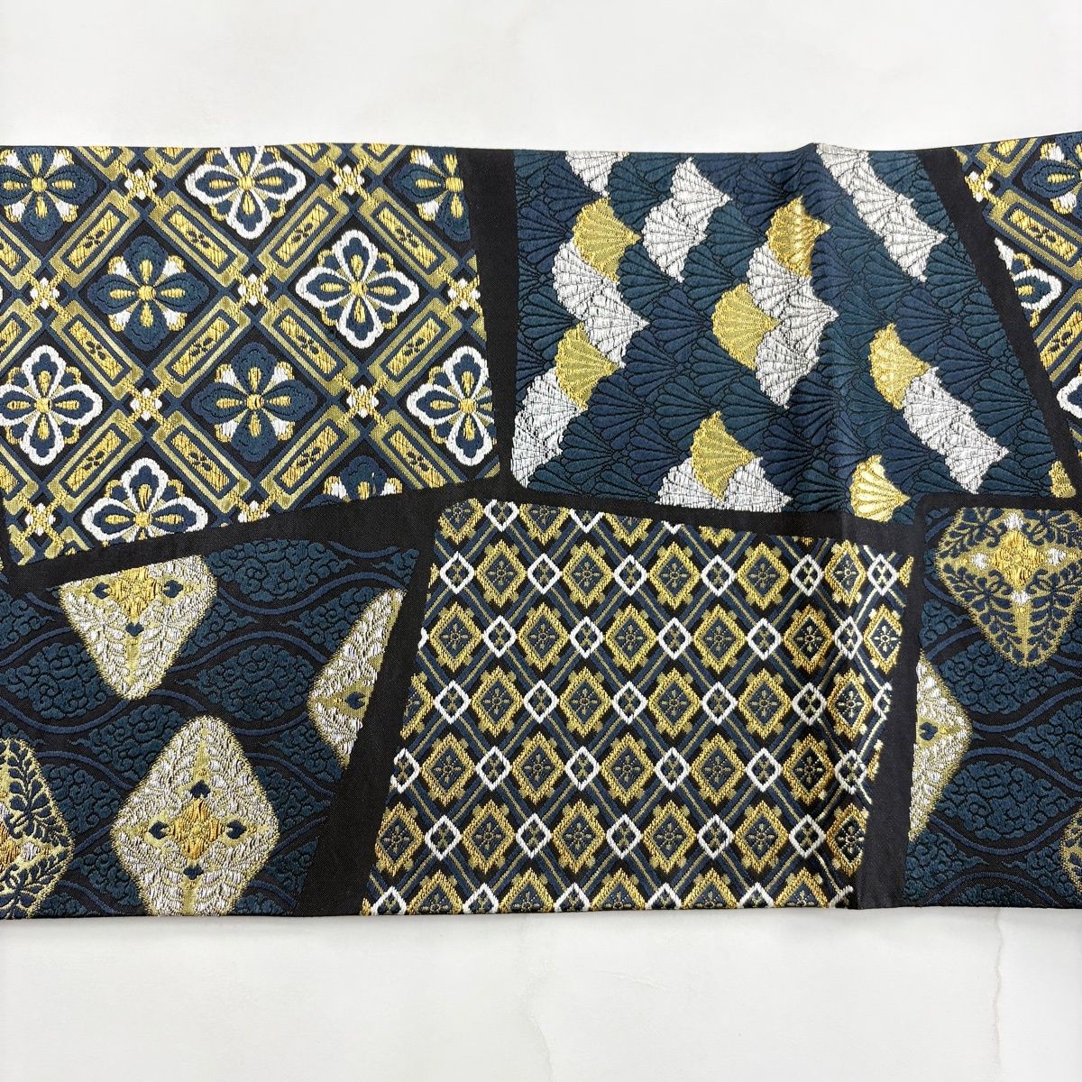 袋帯　青海波　菊花　牡丹　銀糸　シルバー　着物　帯　023k 美品】 袋帯 秀品 花菱 菊青海波 金銀糸 箔 藍色 六通 正絹 【中古