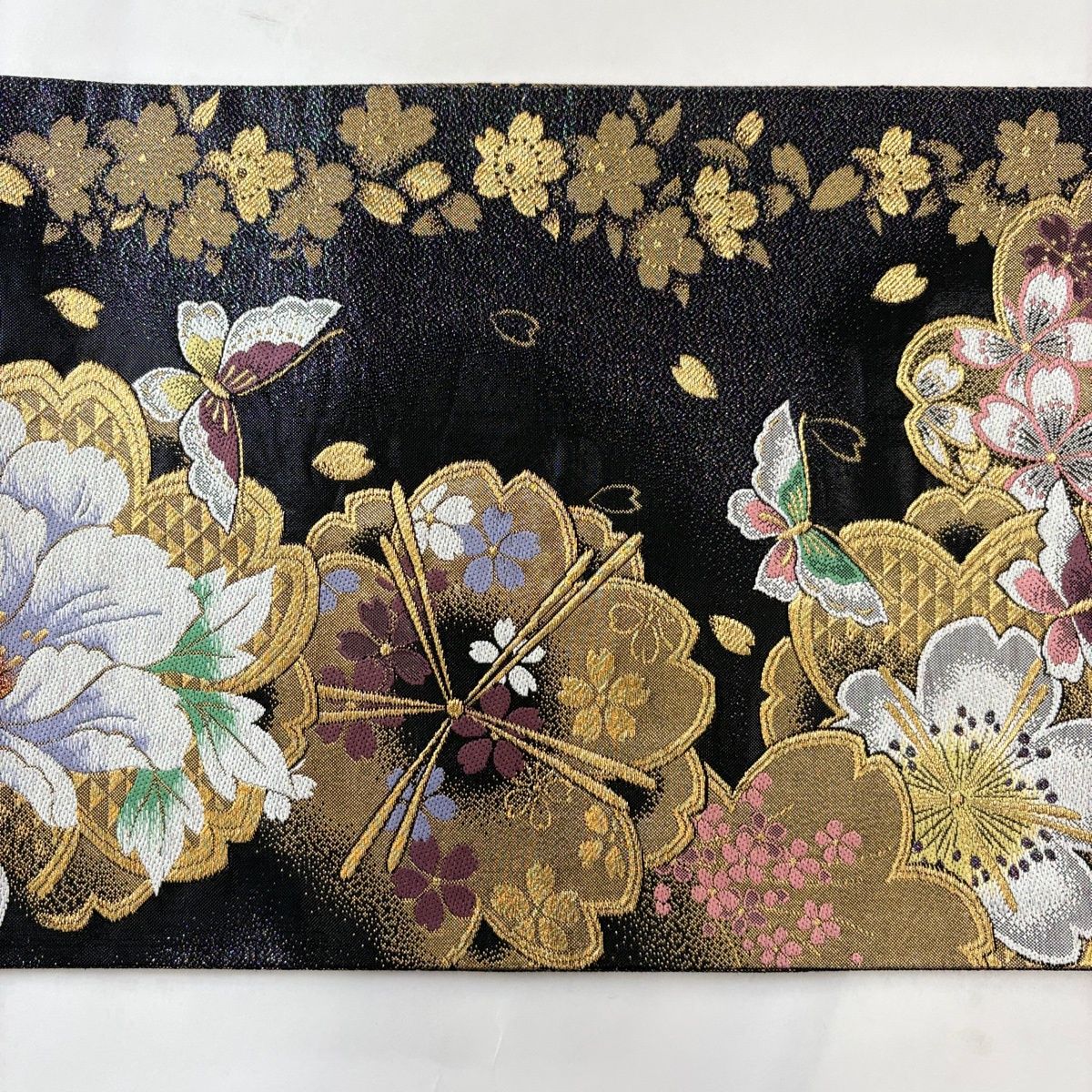 美品】 袋帯 秀品 鈴乃屋 振袖向き 桜 蝶 箔 金糸 黒 六通 正絹 【中古
