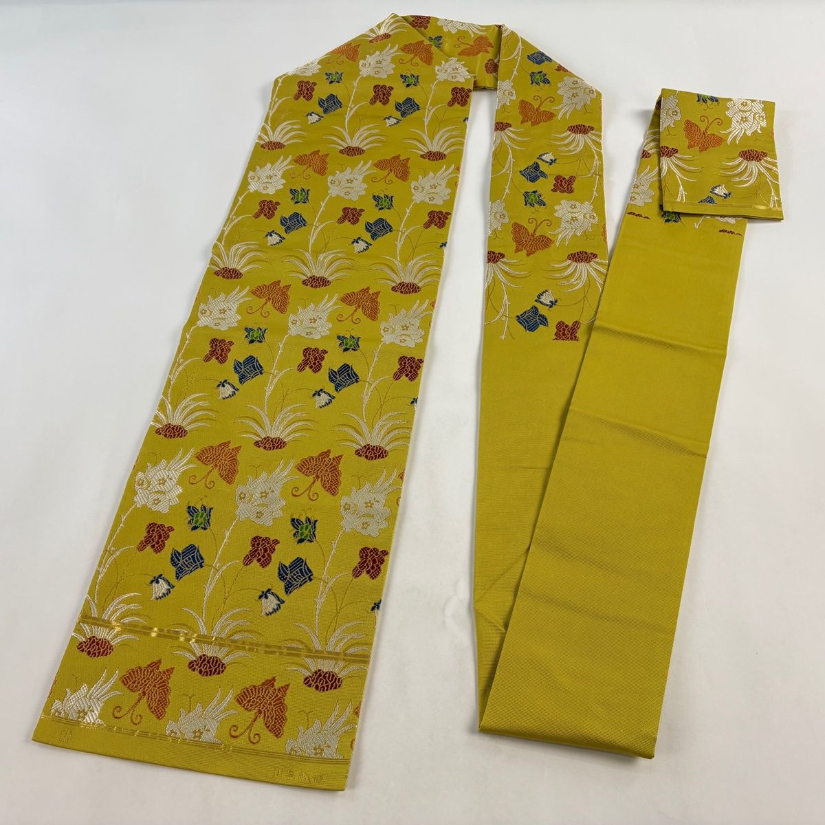 美品】 名古屋帯 名品 川島織物 落款 草花 鳳凰 金糸 抹茶色 正絹
