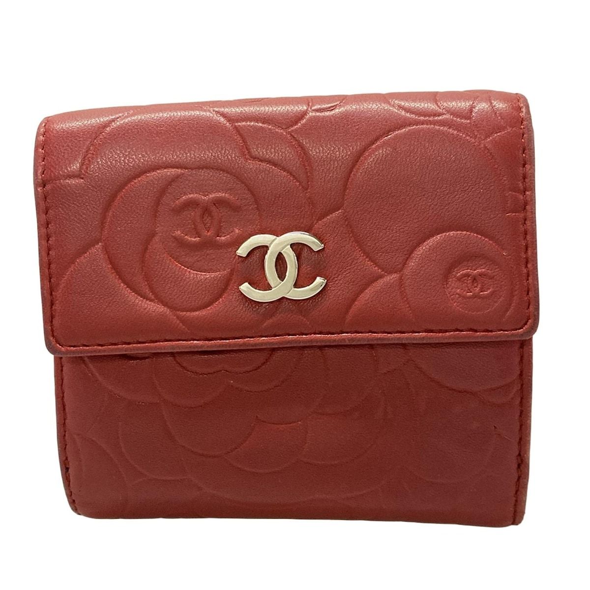 CHANEL(シャネル) 2つ折り財布 カメリア レッド シルバー金具