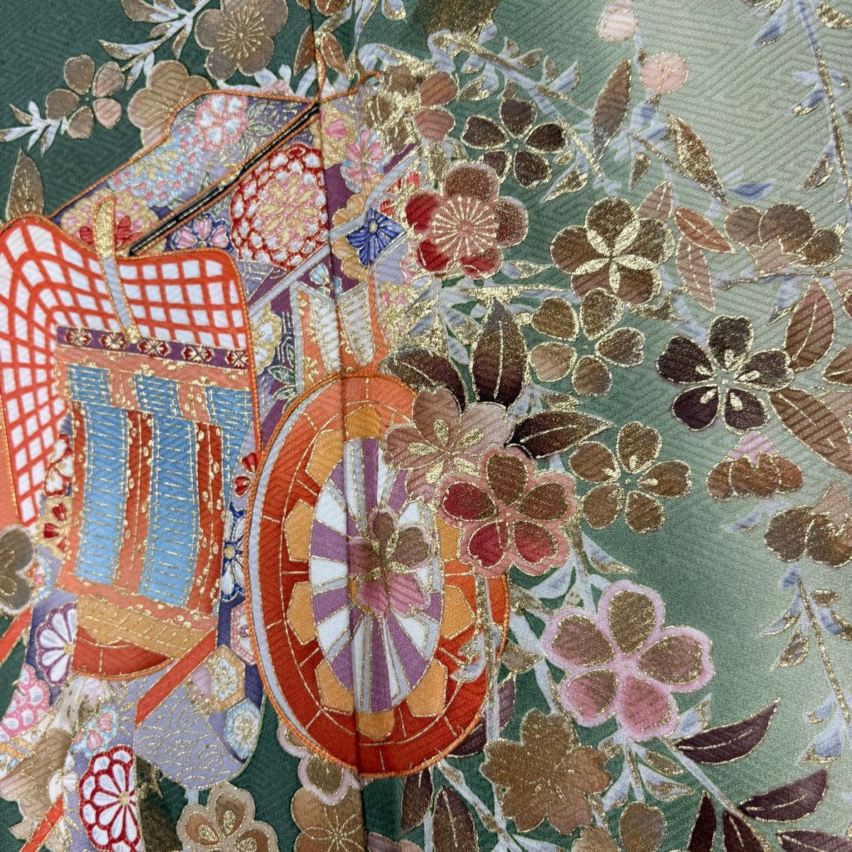 振袖 身丈164cm 裄丈65cm M 袷 岩田専太郎 落款 御所車 桜 金彩 ぼかし