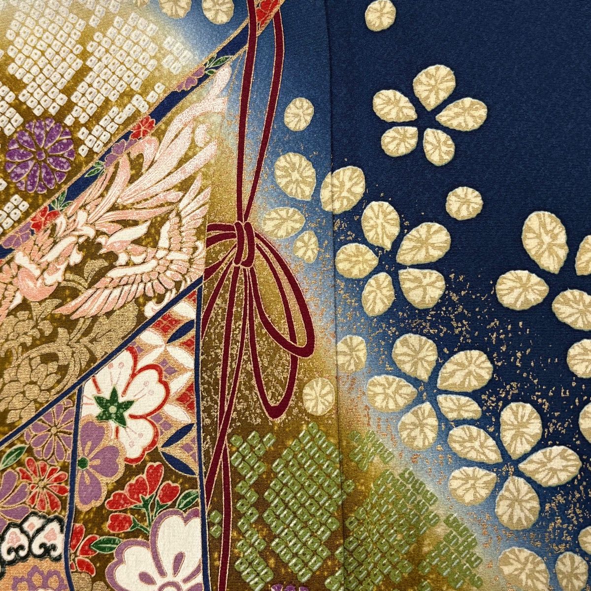 振袖 身丈162.5cm 裄丈66.5cm M 袷 几帳 花鳥 金彩 ぼかし 藍色 正絹