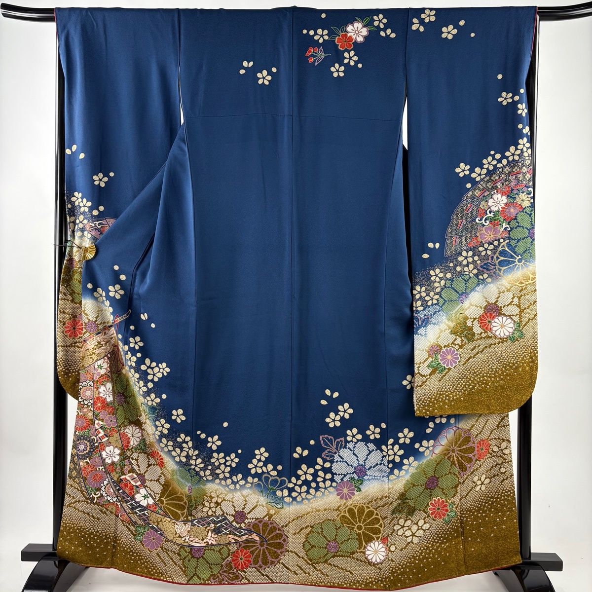 振袖 身丈162.5cm 裄丈66.5cm M 袷 几帳 花鳥 金彩 ぼかし 藍色 正絹