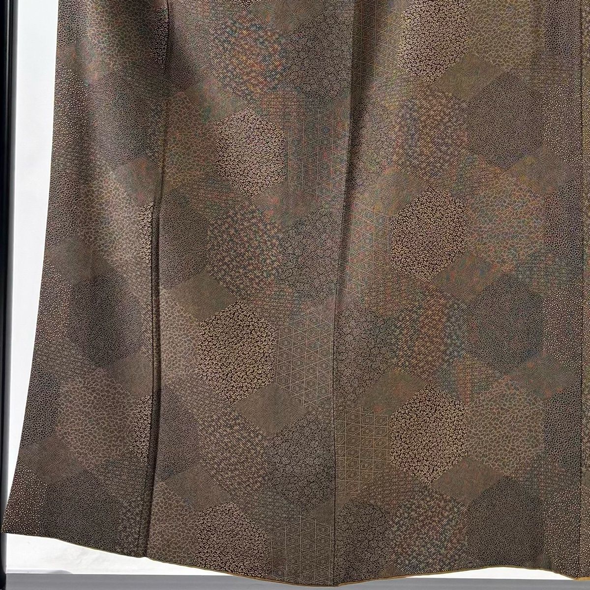 江戸小紋 身丈157cm 裄丈63cm S 袷 亀甲 寄せ柄 焦茶色 正絹 秀品