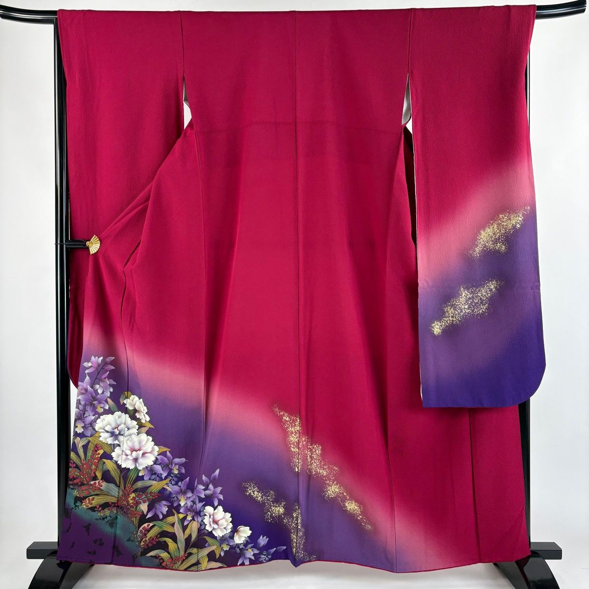 振袖 身丈162cm 裄丈67.5cm L 袷 草花 金彩 染め分け 赤紫 正絹 秀品
