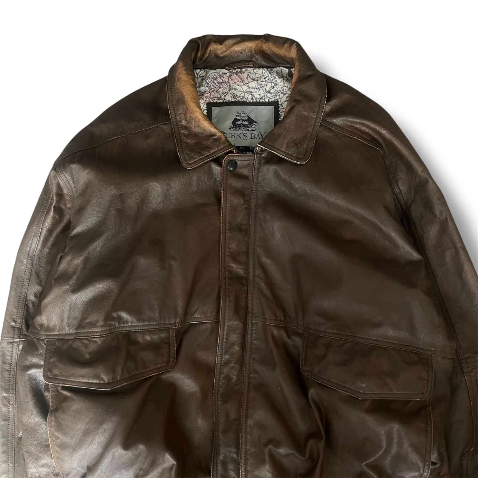 A-2タイプ 本革 レザー ジャケット 地図柄 Burk's Bay XXLサイズ 短丈
