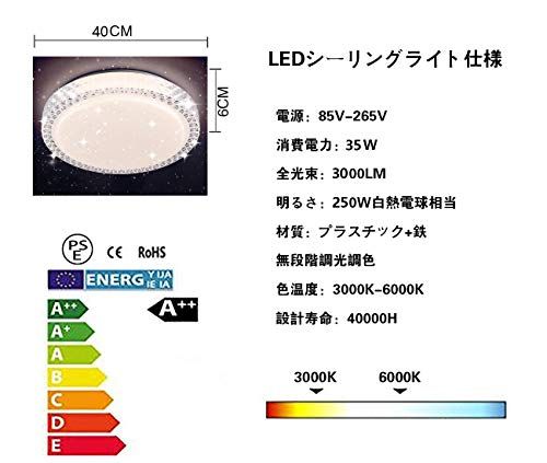 LED シーリングライト 星空効果 35 W 無段階調光調色タイプ ~8畳 常夜灯 モード メモリ機能 照明器具 電球色 昼光色 40 CM 調光調色 リモコン付き 1026 e 4 fa