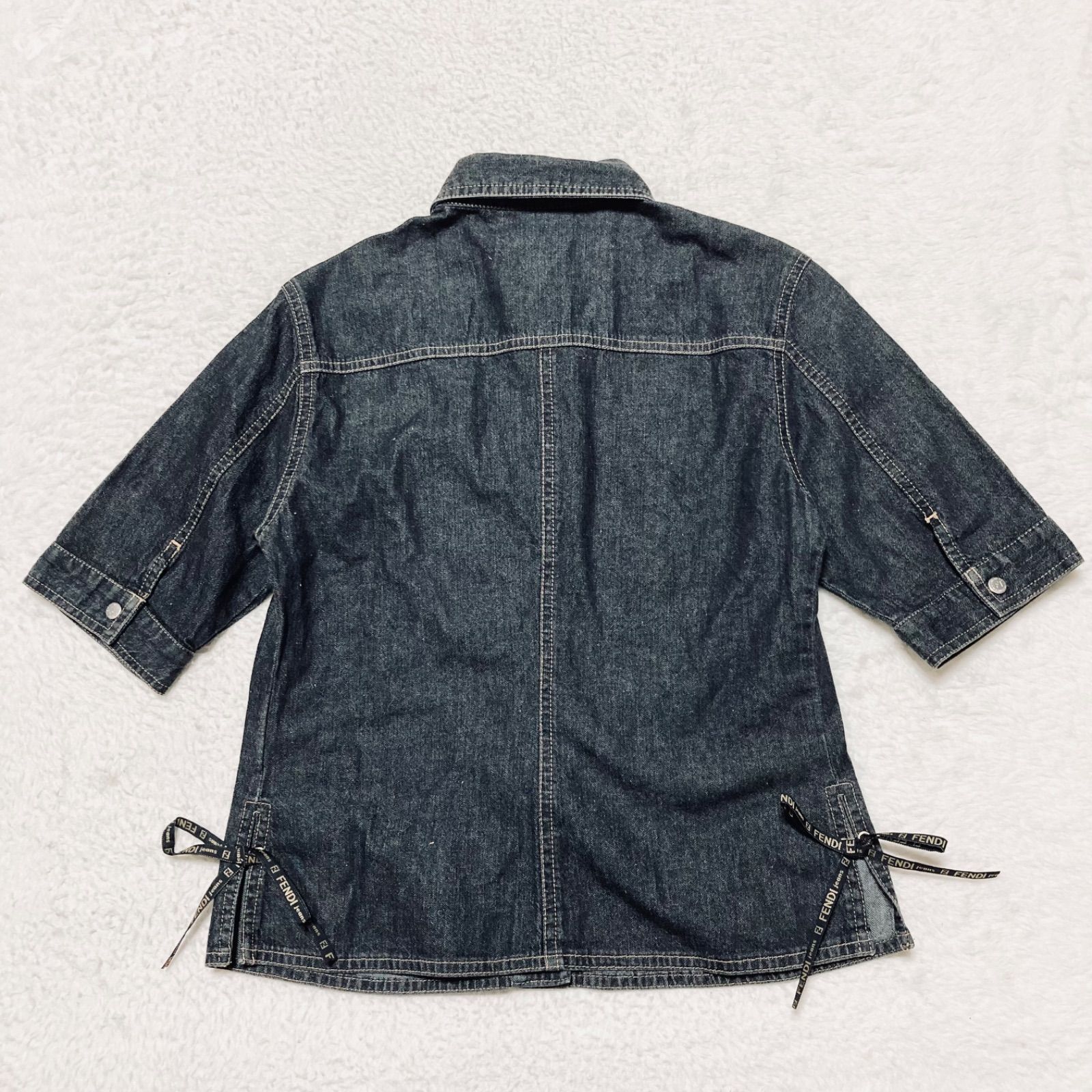 □極美品□FENDI フェンディ ブラックデニムシャツ 半袖 サイド 