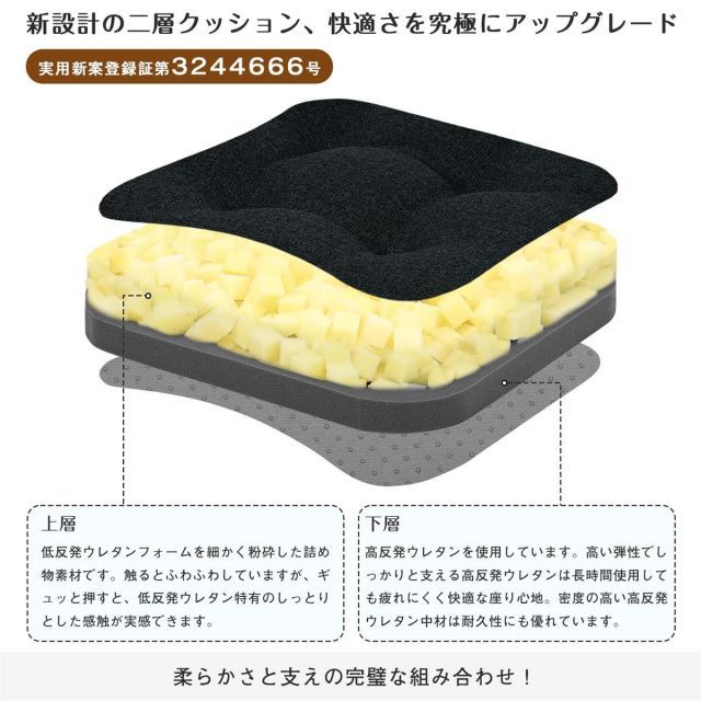 TanYoo 座布団 クッション 椅子クッション 厚め7 cm 低反発 高反発 お尻が痛くならない 二層構造ざぶとん 低反発ウレタン 41角 チェア用 おしゃれ 高反発座布団 滑り止め ブラック セット