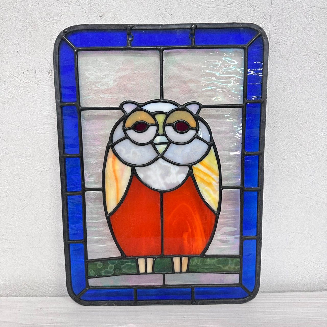 工芸品 ヴィンテージステンドグラスパネル ふくろう（梟） 39cm×28cm 