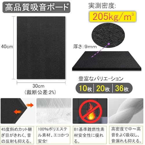 迅速に発送 吸音材 吸音パネル 205 kg|m?高密度 30 cm×40 cm| 施工面積2.4? 吸音シート 壁 自己粘着 軽量 設置簡単 防音材 騒音対策 インテリア 楽器 ドア 消音 騒音 防音 湿気防止 保温 難燃 c 62 a 99 da 3