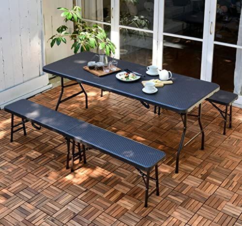  迅速に発送 山善 ガーデンマスター ガーデンテーブル＆ガーデンベンチ2脚 3点セットラタン調 おしゃれ 折りたたみ コンパクト収納 ダークブラウン HFT-1876＆HFB-1828 2脚 4 d 5 c 1573 その他 キッチン 食器