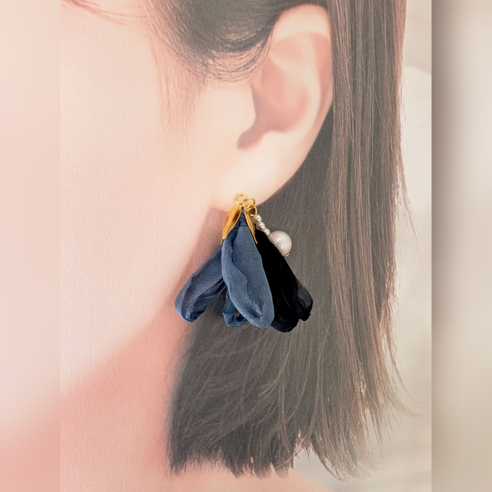 人気♡ ふんわり揺れる シフォン リボン タッセル ピアス イヤリング